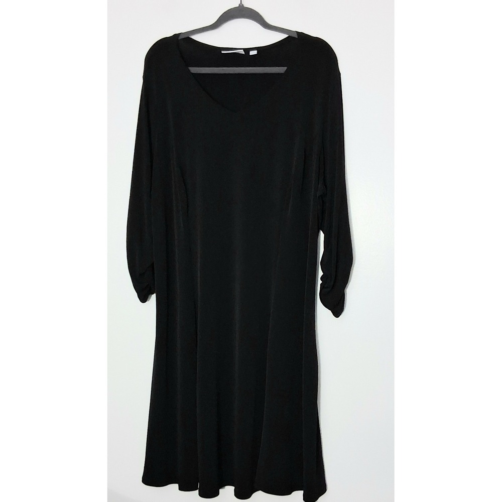Susan Graver Dress Women's‎ Size 1X Black Liquid Knit Ruched 3/4 Sleeve V-Neck